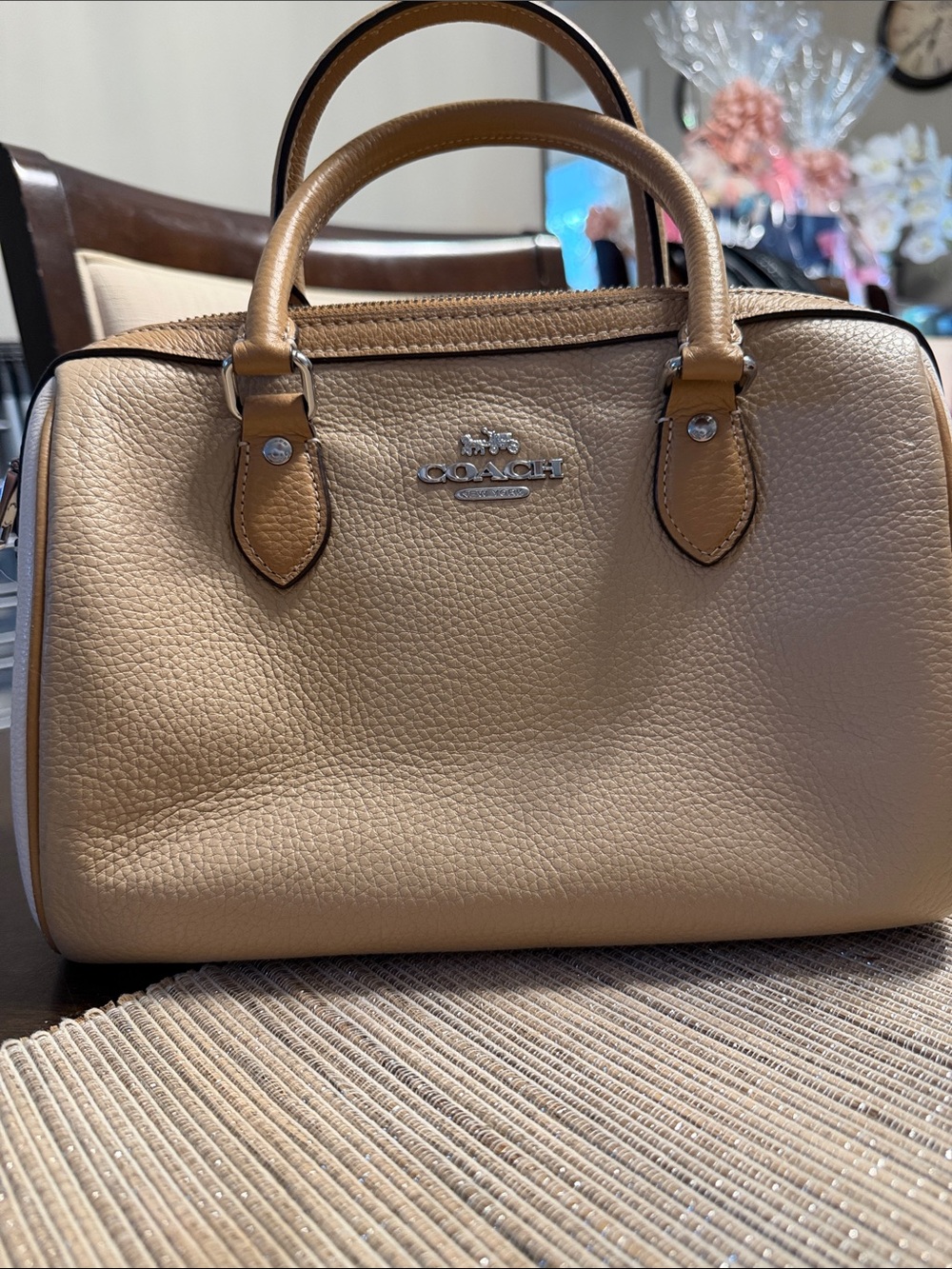 Coach Pebble Leather Rowan Satchel in Tan Cream silver hardware